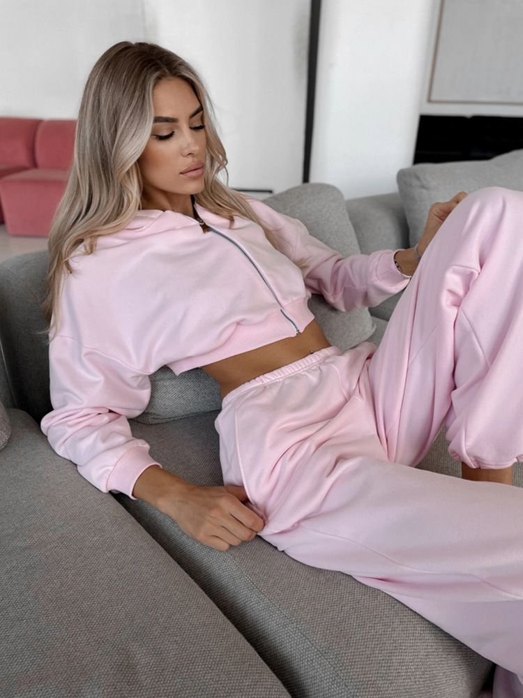 Women's Hooded Zip-Up Sweatshirt & Jogger Set (Breathable Poly-Cotton, Pink/Stone Grey/White, S/M/L/XL, Streetwear Essentials)_voghion.com