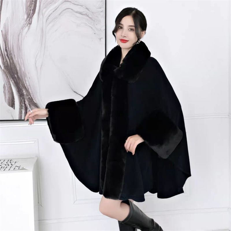 Women's Shawls Autumn And Winter Fashion New Loose Large Size Coat Fur Collar Sweater Outer Wear Medium Long Solid Color Cloak Shawl 1188_voghion.com