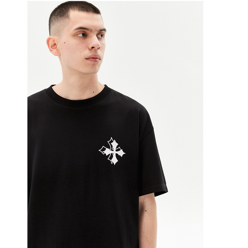 Trndy brand nw product damagd cross print casual vrsatil T-shirt short slvd shirt Amrican high strt coupl_voghion.com