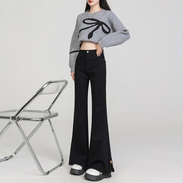 Plus Size Early Spring Side Slit Flared Jeans For Women, American Style High Waist Slimming Non-Tight Leg Bootcut Pants_voghion.com