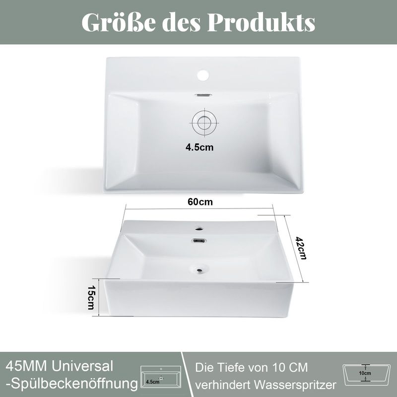 Glitzerlife Waschbecken Badezimmer Keramik - Eckig Aufsatzbecken Bad Klein Waschschale Weiß Mit Hahnloch Wandmontage Aufsatz Mit Überlauf 60x42x15cm Für Gäste-WC_voghion.com