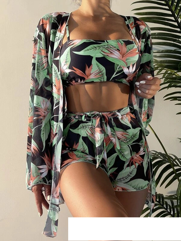 Damenmode Bikini sexy Bluse Langarm Multi-Color Print vierteiliger Damen Badeanzug_voghion.com