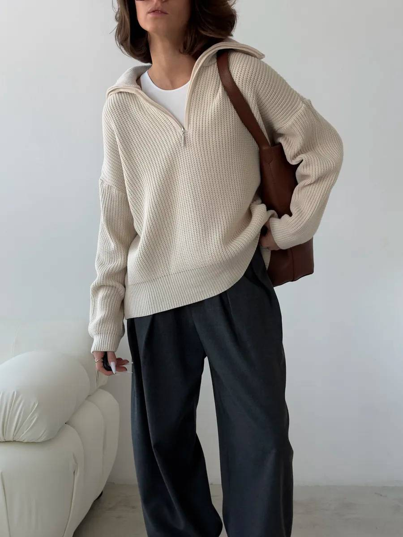 "Strickpullover mit Reißverschluss vorne und Stehkragen in Übergröße – Langarmpullover aus dehnbarem Polyester-Mix, knitterfrei und warm,_voghion.com