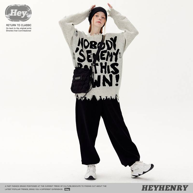 X0182Street-chic Distressed And Ripped-out Letter Jacquard Fringed Knit Pullover Sweater Couple Sweater For Men And Women_voghion.com