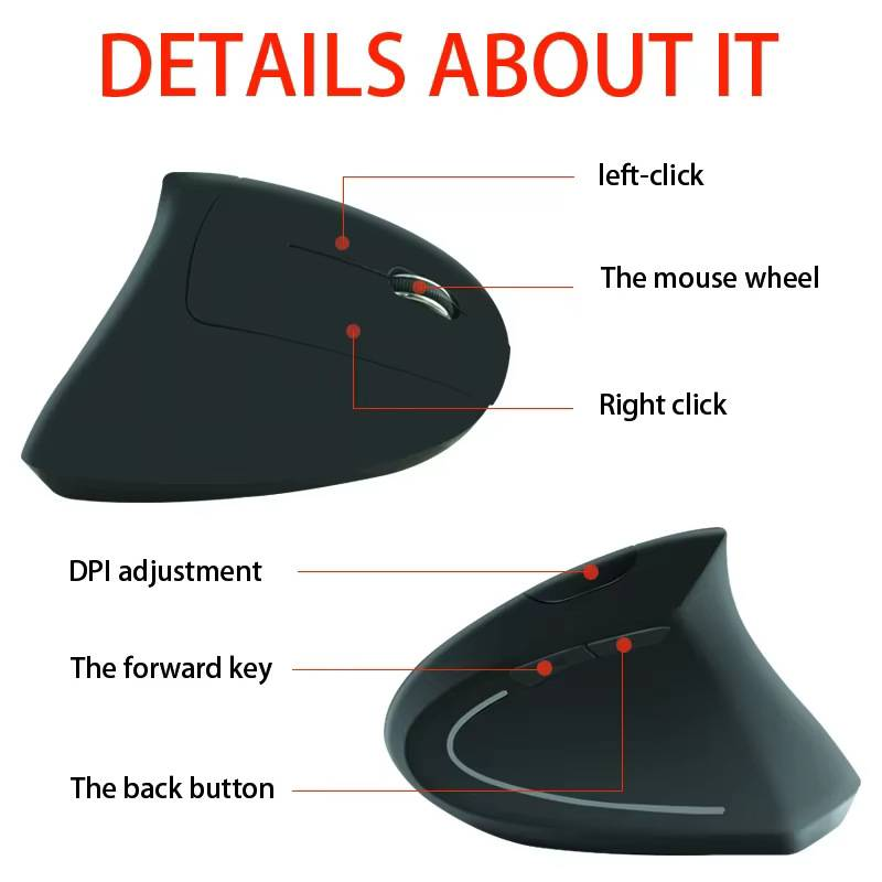 Ergonomische vertikale kabellose Maus für die rechte Hand, 2,4 G leise wiederaufladbare optische Maus mit einstellbarer DPI (1600 DPI), 6 Tasten, USB-Empfänger_voghion.com