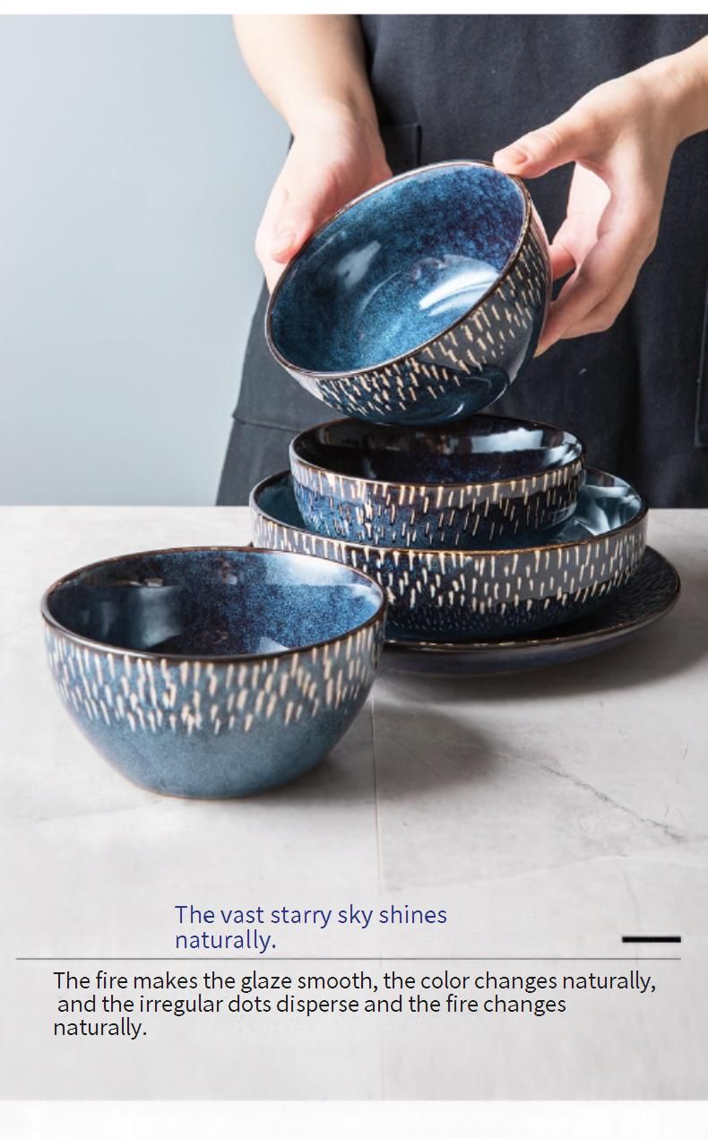 Handcrafted Ceramic Dinnerware Set - Vintage Blue Glaze Rustic Bowls & Plates For Soup, Rice & Salad - Microwave Safe Stoneware For Home Dining_voghion.com