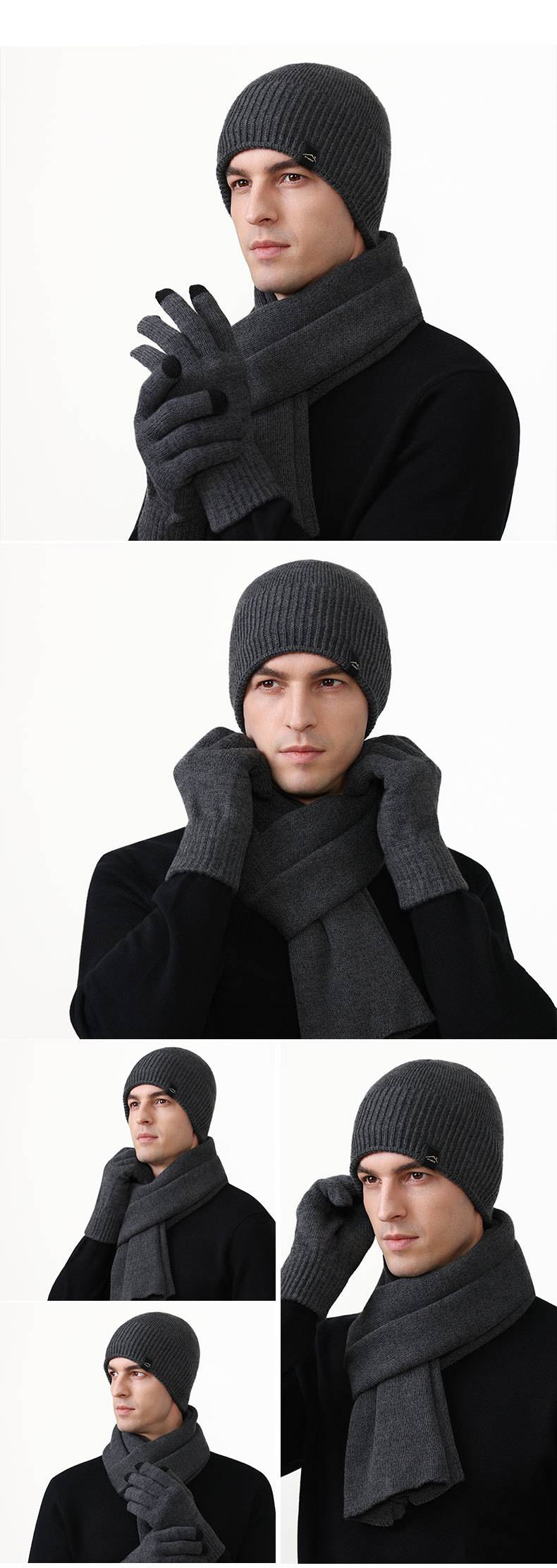 Cappelli da uomo in velluto, spesso, caldi e antivento, abito da tre pezzi con ampia circonferenza della testa, cappello lavorato a maglia, sciarpa lunga e guanti touch screen_voghion.com