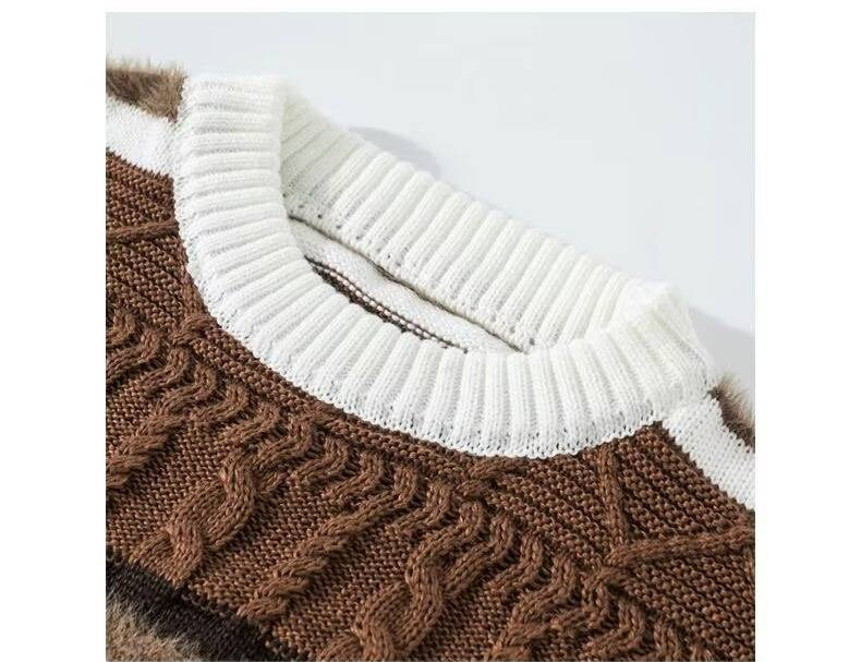 Men's Casual Stripe Knit Sweater - Oversized Crewneck Pullover, Soft & Breathable, Black & Brown_voghion.com