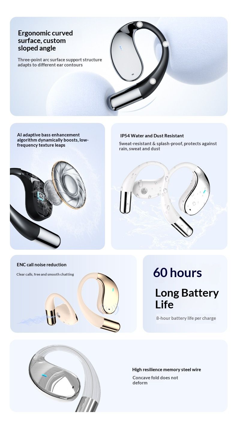 Écouteurs intra-auriculaires NeoGear Bluetooth en promotion 2025 : traduction intelligente par IA, conduction osseuse et crochet d'oreille, pour le sport._voghion.com