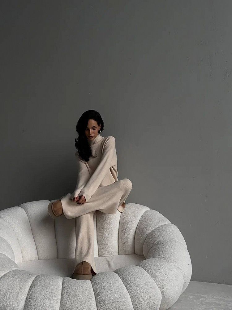 Women's High-Neck Knit Sweater & Pants Set - Long Sleeve Solid Color Lounge Outfit, Elegant Two-Piece Ensemble (Black/Beige, S/M/L/XL)_voghion.com