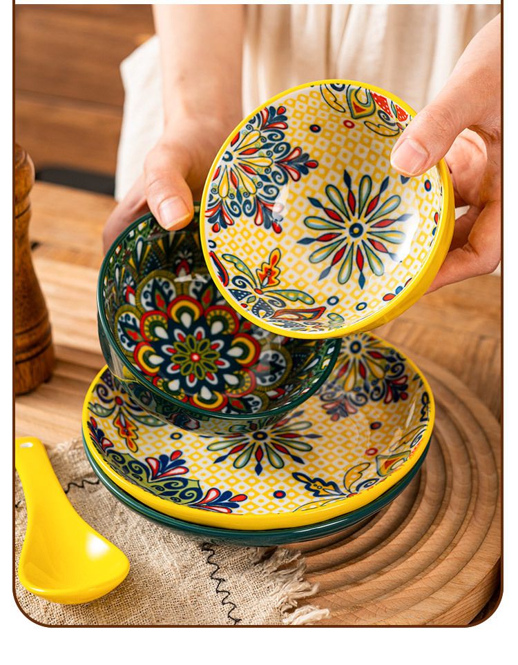 Bohemian Ceramic Dinnerware Set - 3-Piece Tableware For Restaurants & Home Use (Bowls, Plates & Saucers, Microwave & Dishwasher Safe)_voghion.com