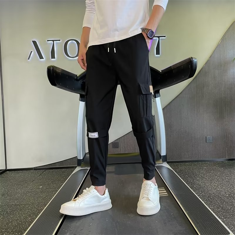 Workwear men's summer thin drawstring lace up elastic leggings cropped pants -- printable Tiktok face sheet_voghion.com