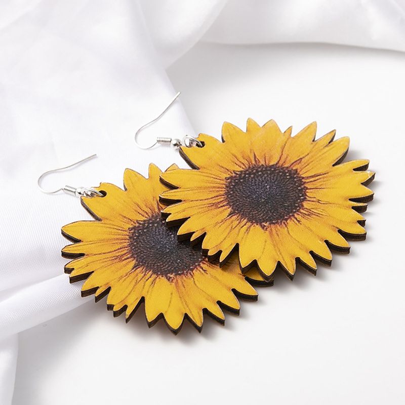 Fashion Pattern Wooden Large Earrings 3D Trendy Elegant Sunflower Long Style_voghion.com