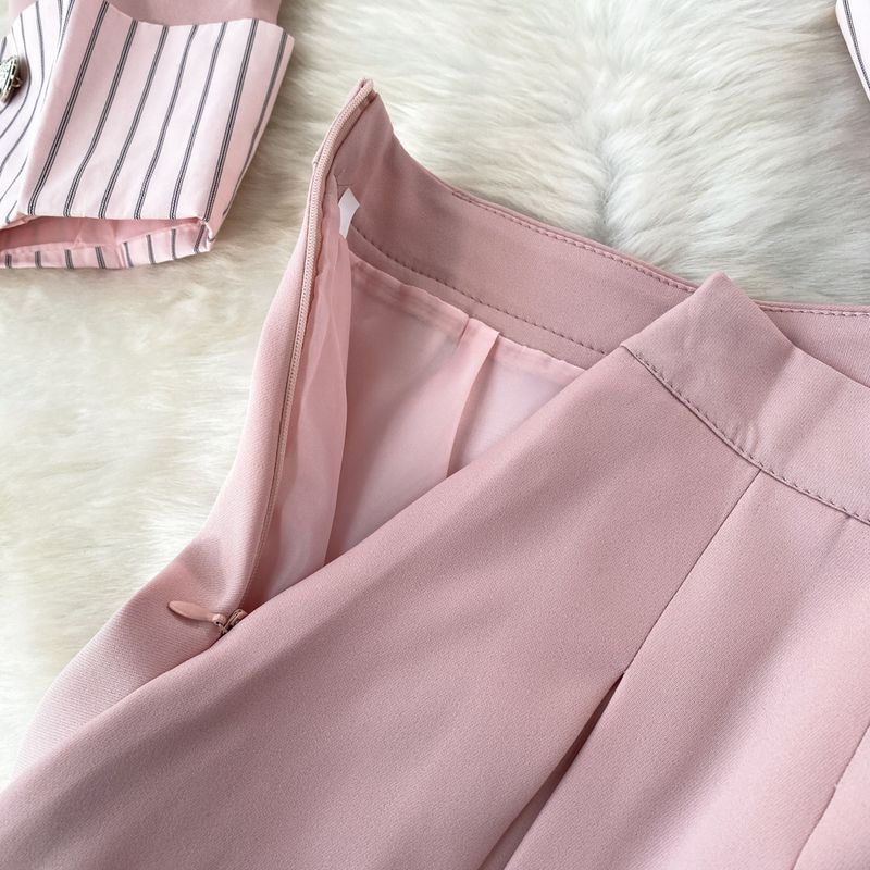 Damenbekleidung Modischer Anzug für Damen, damenhaftes Temperament, gestreifte Anzugjacke mit Spleiß, zweiteiliger Anzug, A-Linien-Rock mit hoher Taille_voghion.com
