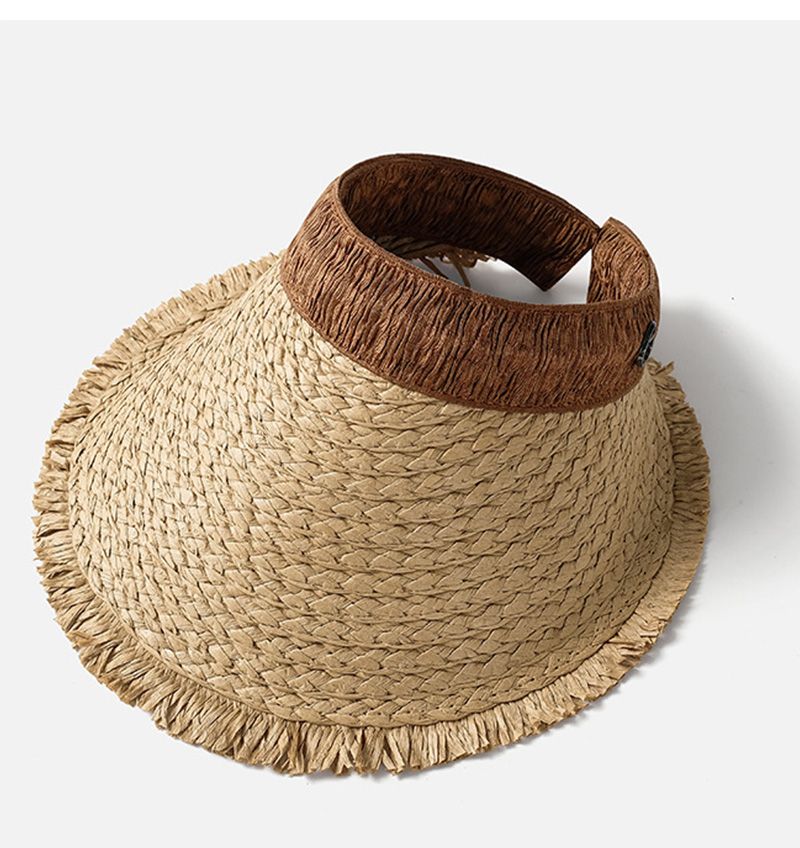 Cappello da spiaggia da viaggio versatile alla moda, con tesa larga e parte superiore vuota in paglia per donna, estivo, traspirante, con protezione solare UV_voghion.com