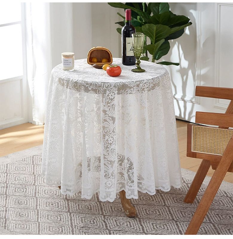 Hochwertige Tischdecke aus hohler Spitze mit Lotusblattrand, rund, mit Spiegel, kleiner Tischdecke aus frischer Spitze mit Lotusblattrand_voghion.com