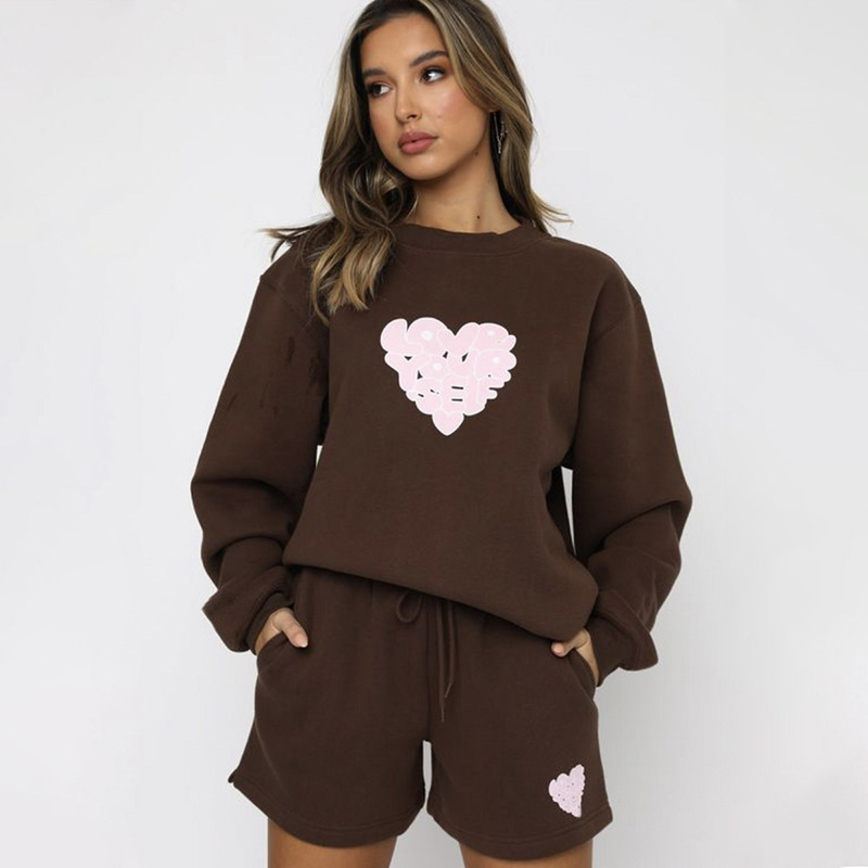 Women's fashion casual printed shorts two-piece set plus fleece long-sleeved hoodie set_voghion.com