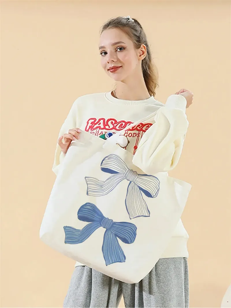 Borsa a mano riutilizzabile, multifunzionale, alla moda, in tela stampata, modello farfalla blu, 1 pezzo, 250321l_voghion.com