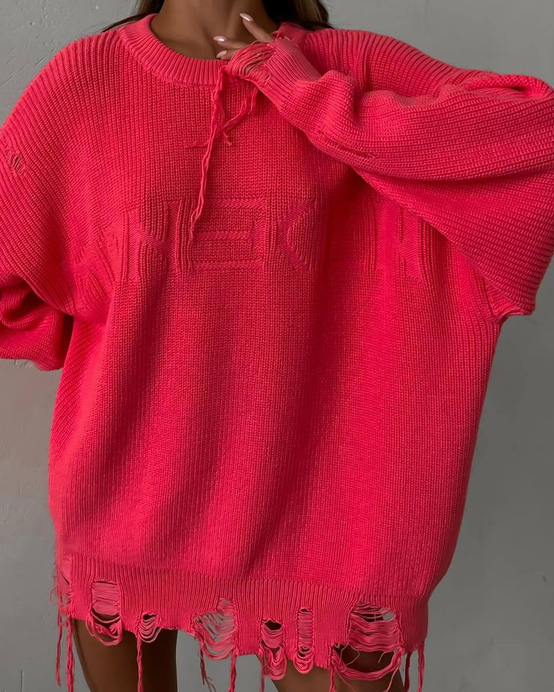 "Distressed Cotton Sweater Women's Casual Loose Fit Round Neck Long Sleeve Streetwear Grunge Style"_voghion.com