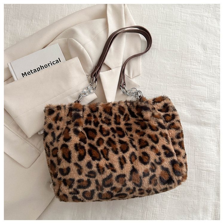 Eenvoudige tas met grote capaciteit, modieuze luipaardprint, pluchen tas, sfeervolle, harige schoudertas voor dames_voghion.com