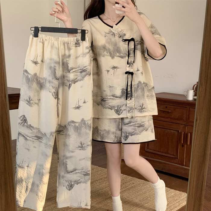 2024 Neie Summer Kuerzärmlech 3-Deeleg Pyjama-Set fir Meedercher mat Landschaftsmolerei am chinesesche Stil an einfacher Heemdekoratioun_voghion.com