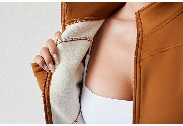 Yoga-Kleidung Herbst Winter mit dicker winddichter Fleecejacke für Frauen, warmer und eng anliegender Stehkragen mit Reißverschluss,_voghion.com