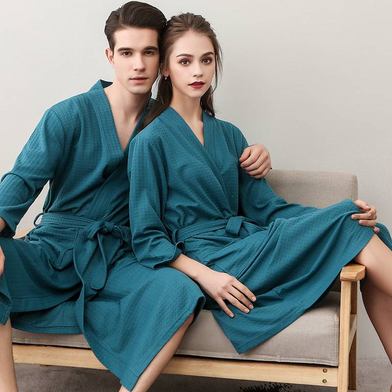 Peignoir de bain printemps et été pour femme, chemise de nuit fine en gaufre pour couple, hommes et femmes, manches trois-quarts, version coréenne, peignoir absorbant_voghion.com