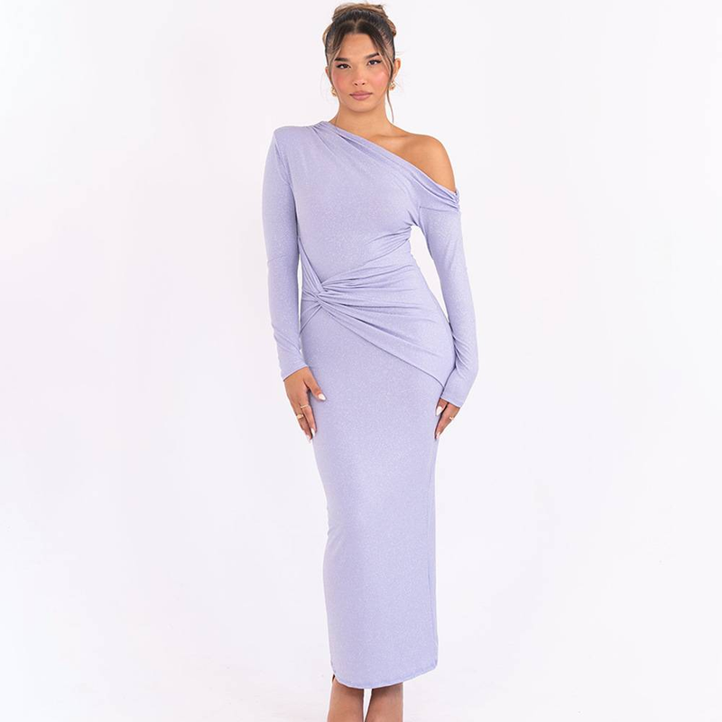 Elegantsed diagonaalselt kraega voldid, läikivad ametlikud kleidid naistele sügis-talve bodycon tuunikad, pikad peoõhtused prom kleidid_voghion.com