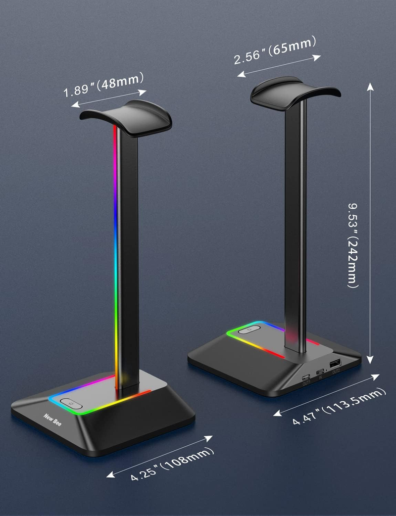 Headsetholder med 1 USB-C-opladningsport og 1 USB-opladningsport, headsetstativ til gaming med 7 lystilstande, velegnet til alt tilbehør til høretelefoner_voghion.com