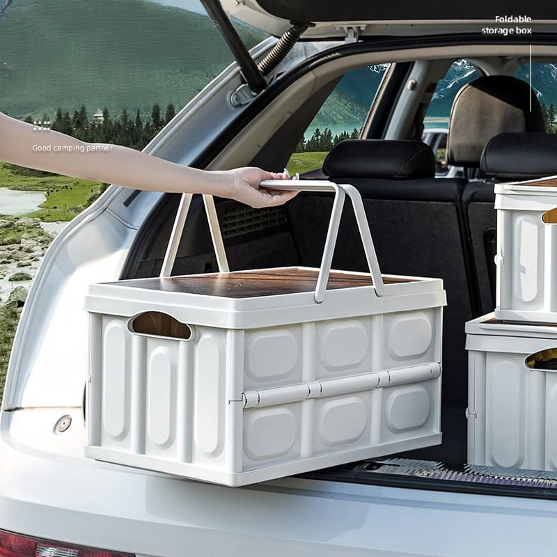 Aufbewahrungsbox für Outdoor-Camping mit Holzdeckel, faltbarer Organizer für Kofferraum, Picknick, Wanderausrüstung, tragbarer Mehrzweckbehälter mit Griffen_voghion.com