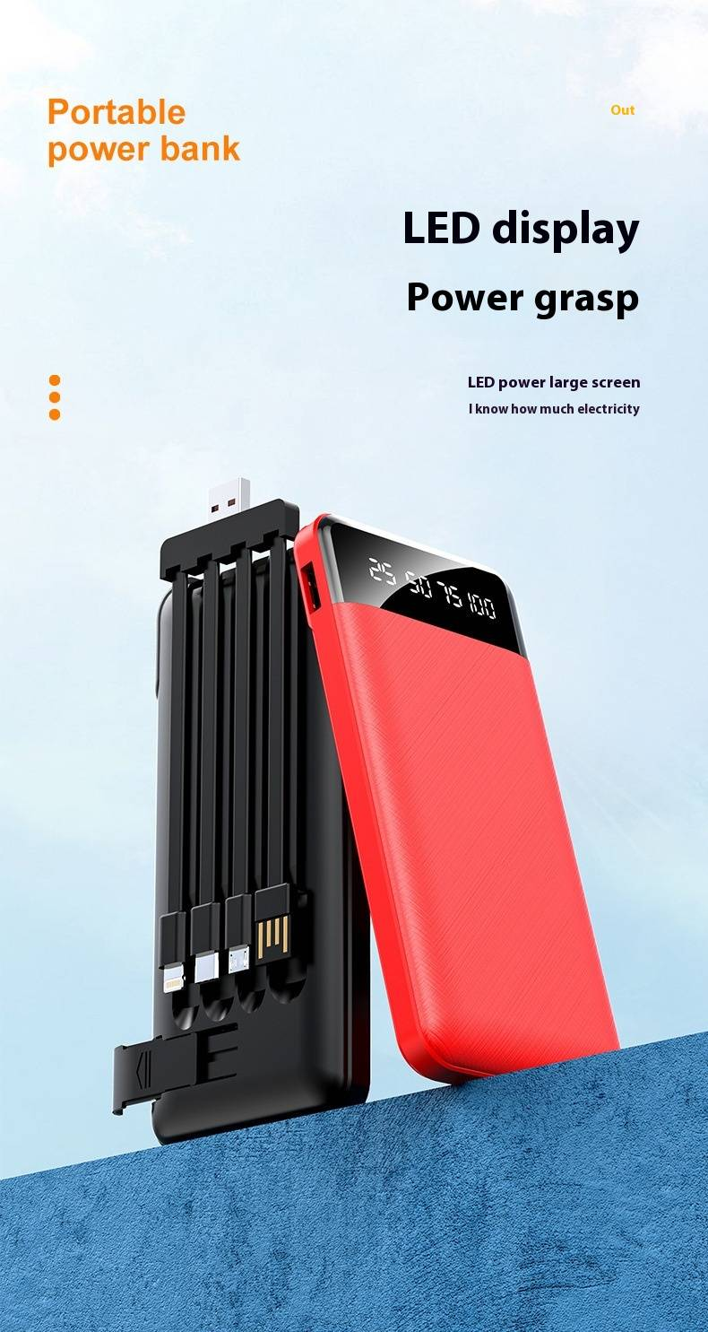 Ultratynd 10000mAh bærbar oplader med 4 indbyggede kabler - Mini powerbank, høj kapacitet, hurtig opladning, kompakt design_voghion.com