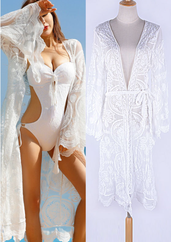 Damenbekleidung Strand-Cardigan, Strandurlaub, Sonnenschutz, sexy Spitze, Strandüberzug, transparent, gehäkelt, Kimono, Bikini, Wickel, Bademode, Cardigan_voghion.com