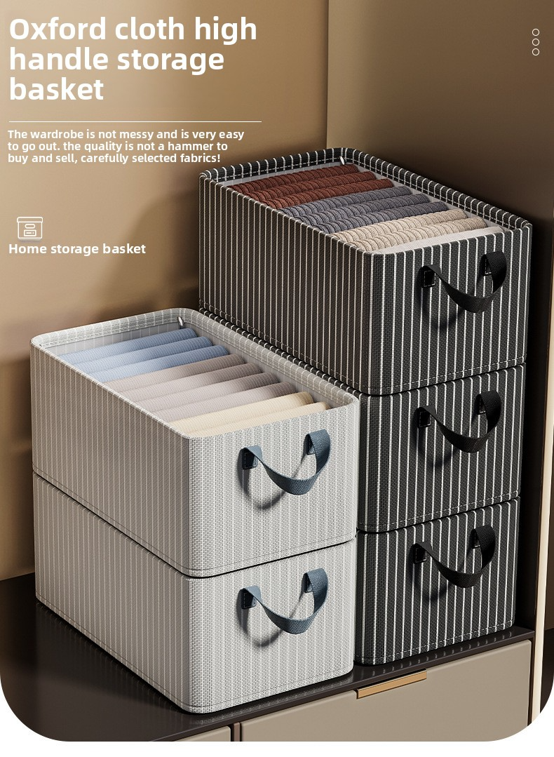 Foldable Storage Basket – 28L Stackable Fabric Bin For Clothes, Shoes & Toys (Black/Beige Stripes, Open-Top, Nordic Style)_voghion.com