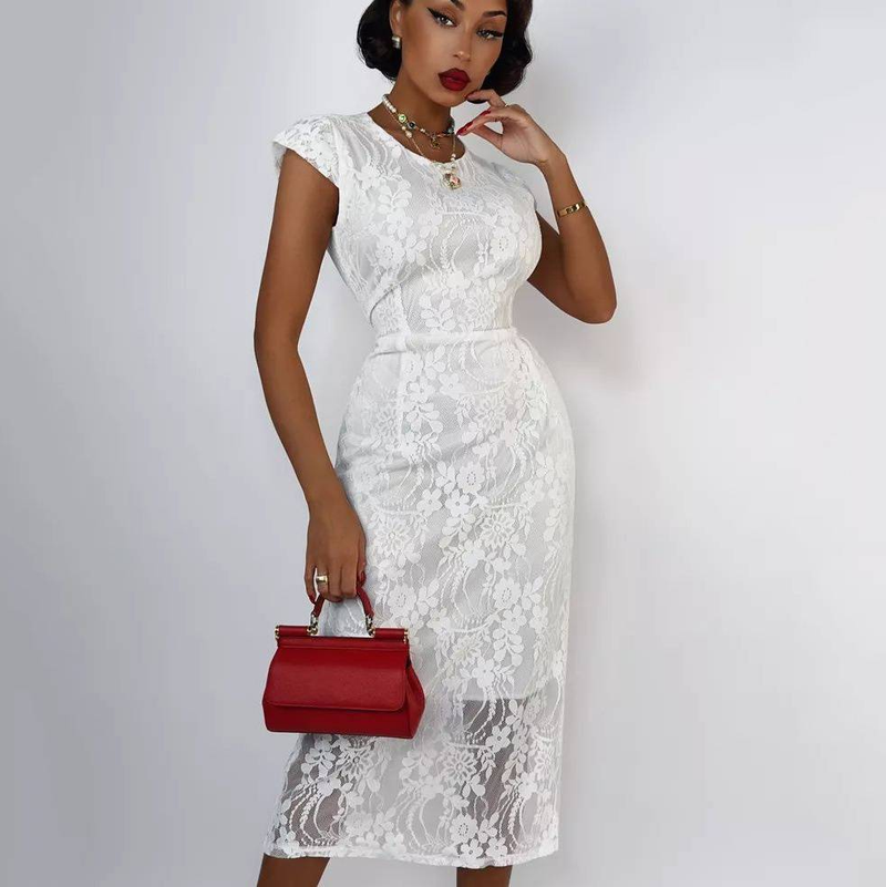 Abito a maniche corte in pizzo floreale – Abito midi aderente a vita alta con spacco (nero/bianco/rosso/blu/verde/kaki, taglie 42-52)_voghion.com