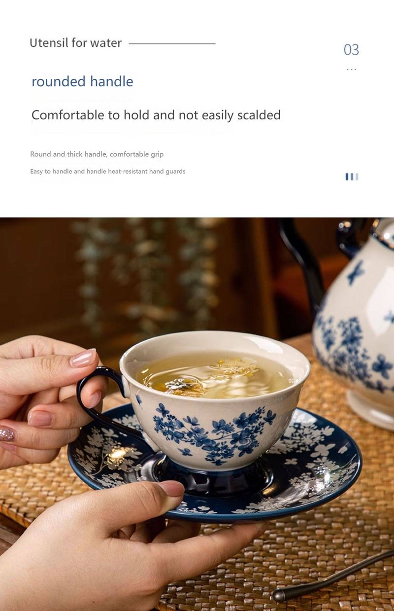 Blue Willow Ceramic Coffee Cup & Saucer Set – Hand-Painted Chinoiserie Floral Design, 220ml Vintage Tea Cup For Chinese Gongfu Tea & Espresso_voghion.com