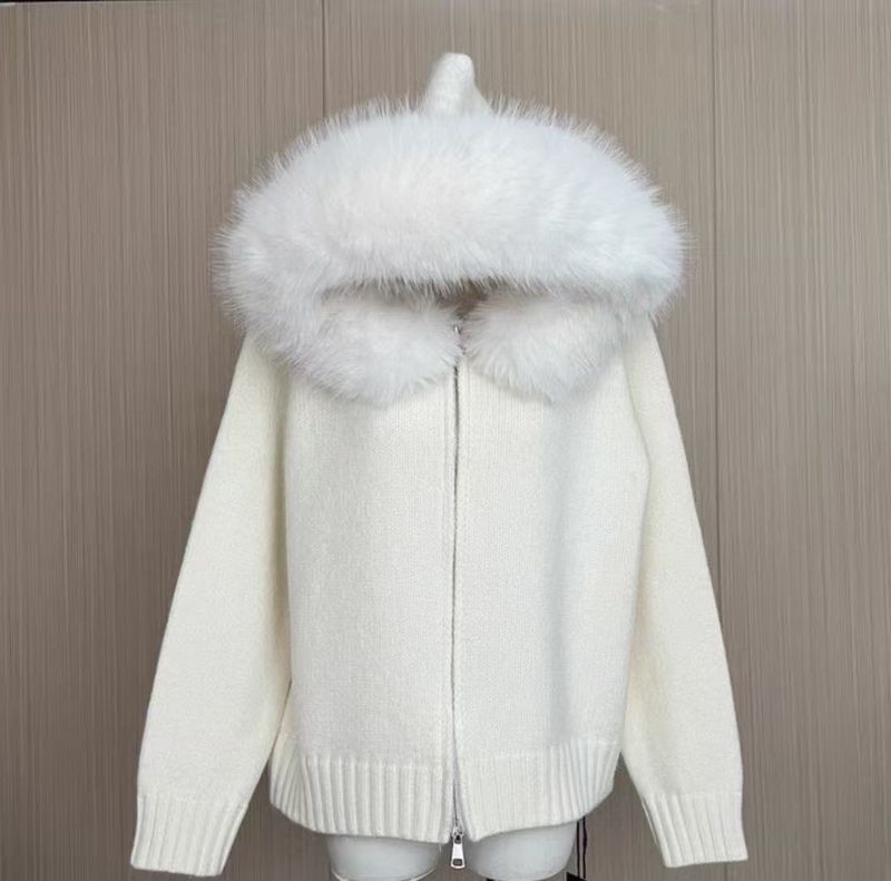 Damenbekleidung Reißverschluss-Pulloverjacke Grobstrick-Strickjacke mit Kapuze und Reißverschluss und Kunstpelzbesatz – Übergroßer Winterpullover für lässigen Komfort_voghion.com