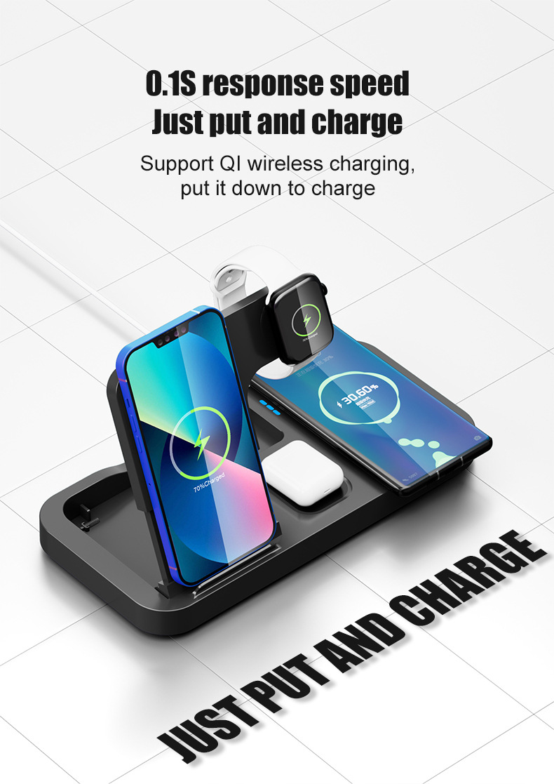 Vezeték nélküli töltő 4 az 1-ben iPhone 12 Pro Max 14 Plus 13 11 Samsung Xiaomi Oneplus Dual 15W összecsukható gyorstöltő állomás_voghion.com