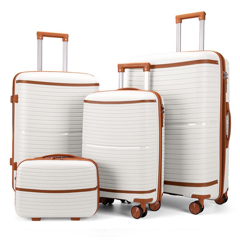 4-Piece Set Lightweight Durable PP Suitcase Luggage With Spinner Wheels, Anti-Burst Zipper, Stylish Striped Design For Travel_voghion.com