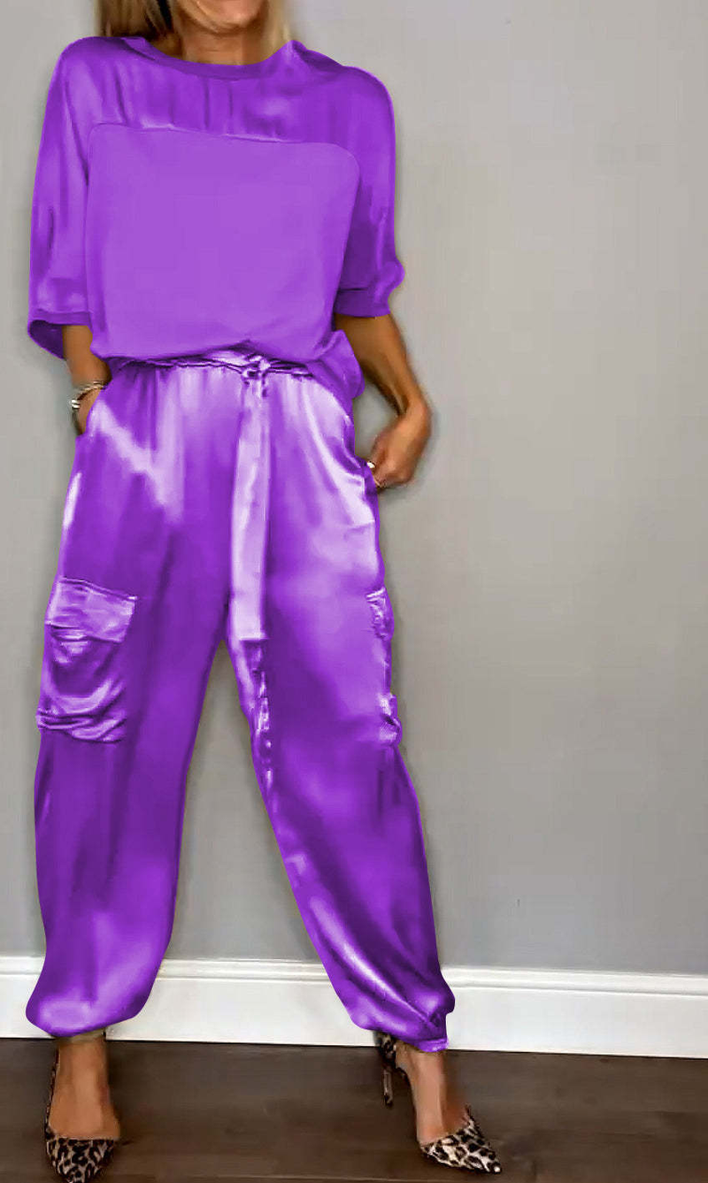 Set di due pezzi di pantaloni casual a maniche corte da donna in raso liscio 2024_voghion.com