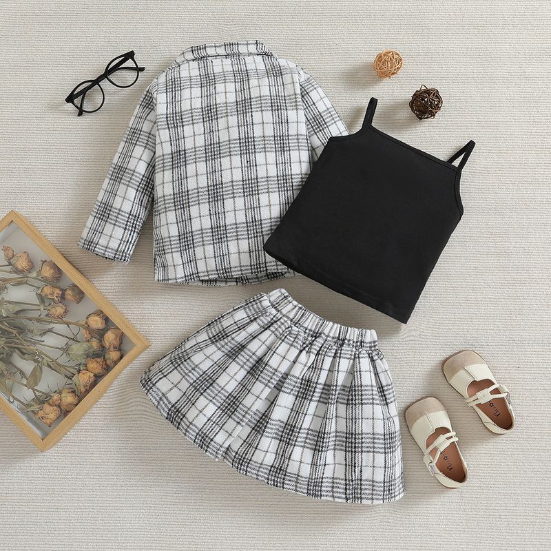 3-teiliges Anzug-Set für Mädchen – Karierter Blazer + Hosenträgerrock + Top (90–130 cm) | Elegantes Outfit aus hochwertiger Baumwolle für Schule, Party | Frühlings-/Herbstmode_voghion.com