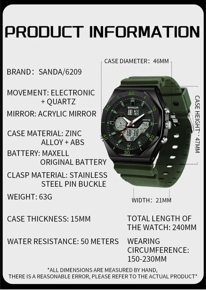 SANDA 6209 LED Çift Ekran Su Geçirmez Darbeye Dayanıklı Spor Erkek Kol Saatleri Erkekler İçin Lüks Dijital Saat Askeri Geri Sayım Relojes_voghion.com