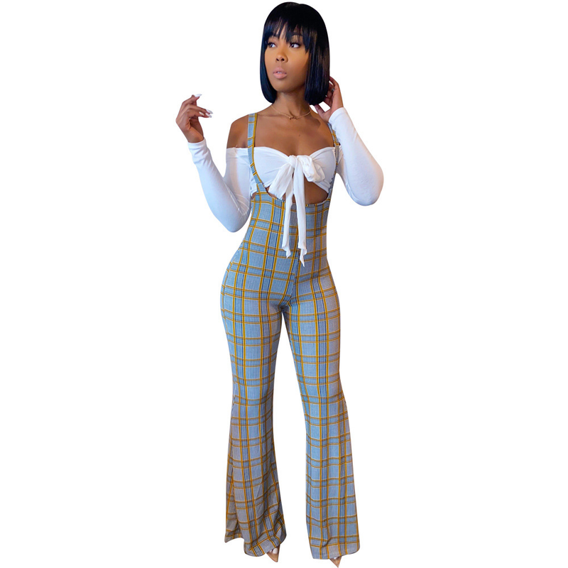 Women's sexy slim line shoulder coat plaid suspenders two-piece set_voghion.com