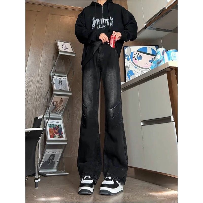 2025 Sommer Schwarz Grau Plissee Curved Knife Jeans Herren Style American Vibe Hohe gerade Beinhose Leicht ausgestellt_voghion.com