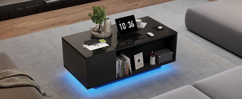 Table basse réglable en hauteur 100 x 50 x 40 cm avec rangement dissimulé, éclairage LED, tiroir, table d'appoint de salon, noire_voghion.com