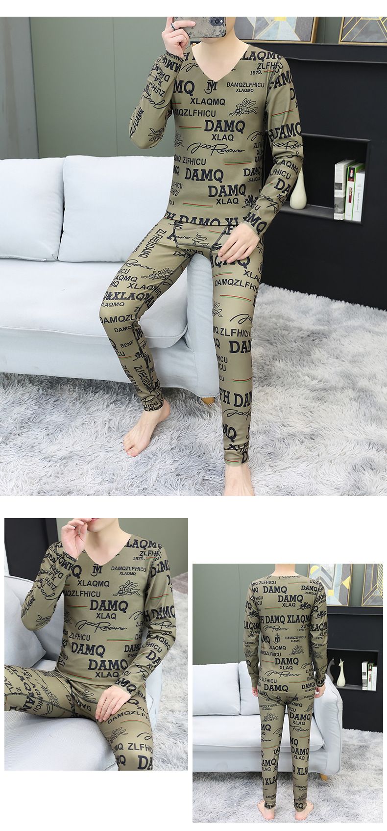 Men's Thermal Underwear Set Winter Warm Seamless V-Neck Base Layer Top & Bottom Stretchy Comfort Fit High Elasticity Grey/Black/Green_voghion.com