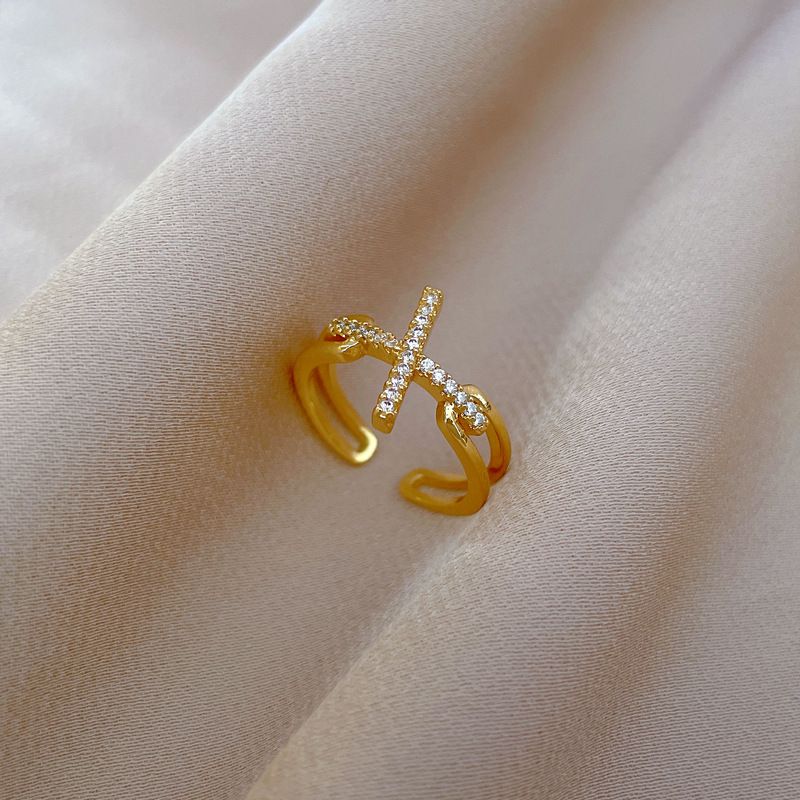 【 Real Gold Plating 】 Open Cross Women's Fashion Micro Inlay Light Luxury Finger Ring, Index Finger Ring, Netting Red,_voghion.com