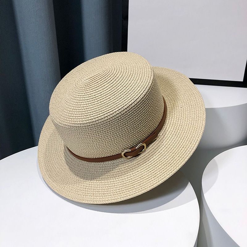 Französischer Strohhut für Damen, Sonnenschutz, Sommergras, gestrickt, flache Kante, für den Urlaub, Strand, Sonnenschutz_voghion.com