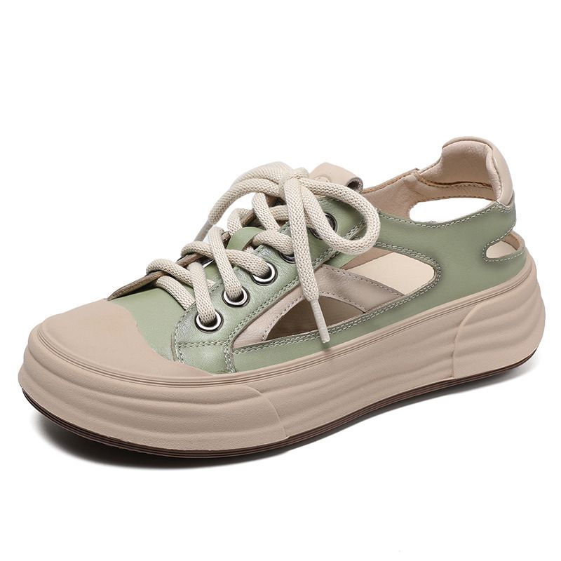 Hollow Out Fashionable Toe Sandals For Women With Thick Soles 2025 Summer Leather Breathable Flat Bottomed Lace Up_voghion.com