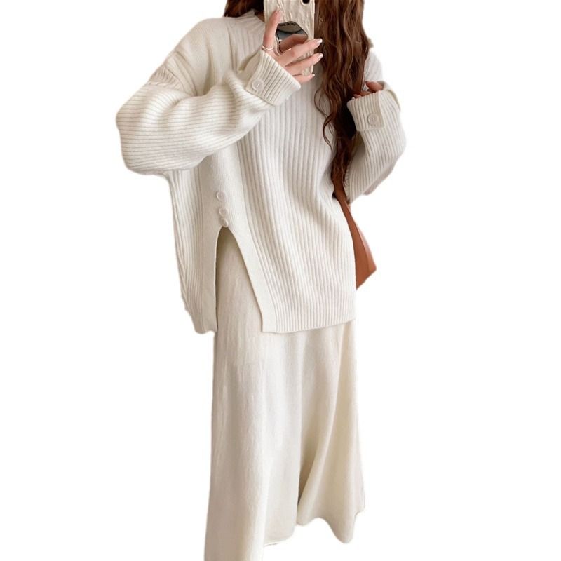 Ensemble deux pièces pour femme, style sport décontracté, automne-hiver, nouveau design élégant et tendance, pull fendu et jupe_voghion.com