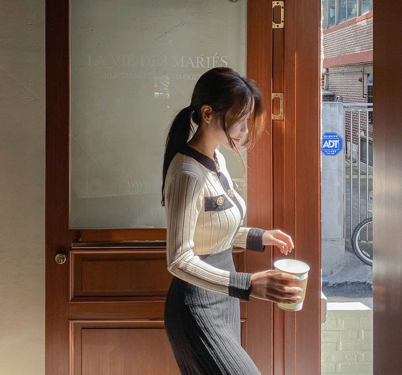 Koreaanse gebreide top en rokset - ronde hals, lange mouwen, damesoutfit (abrikoos/zwart, one size fits all)_voghion.com